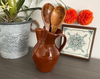 Gorgeous French Glazed Terracotta Pitcher, Handmade Water/Wine Jug, Glazed, Vase