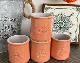 4 x Limited Edition Le Fermiere Apricot Glazed Yogurt Pots, French Terracotta Pots, Custard Pots, Desserts pots