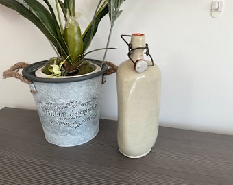Vintage French Stoneware Bottle, Handmade Triangular Cream Glazed Bottle,