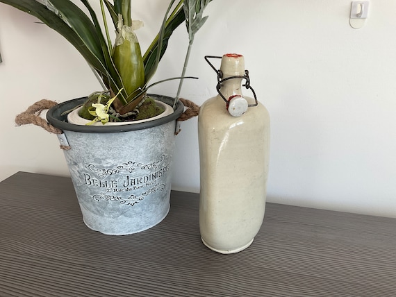Vintage French Stoneware Bottle, Handmade Triangular Cream Glazed Bottle,