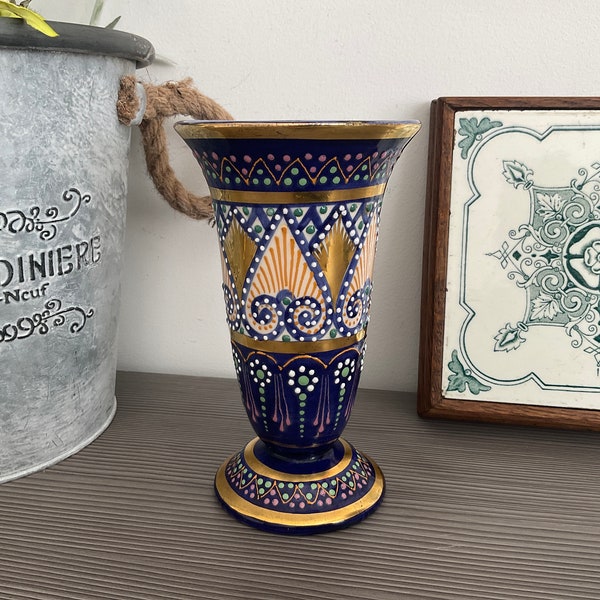 Rare Français Vase HB QUIMPER, Design à effet de perles décorées à la main, Bleu cobalt