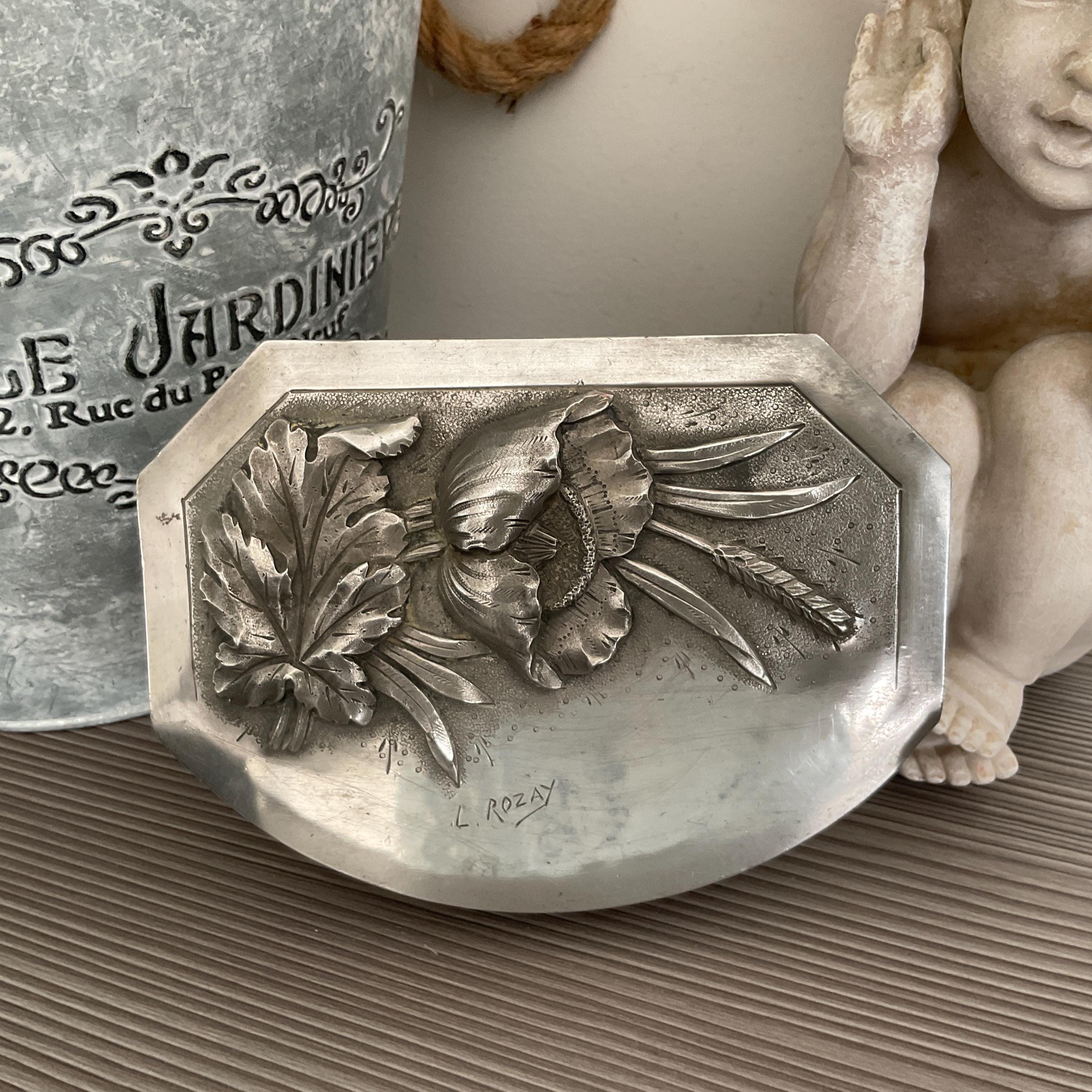 Antique French Signed Pewter Jewelry Box, L Rozay Art Nouveau
