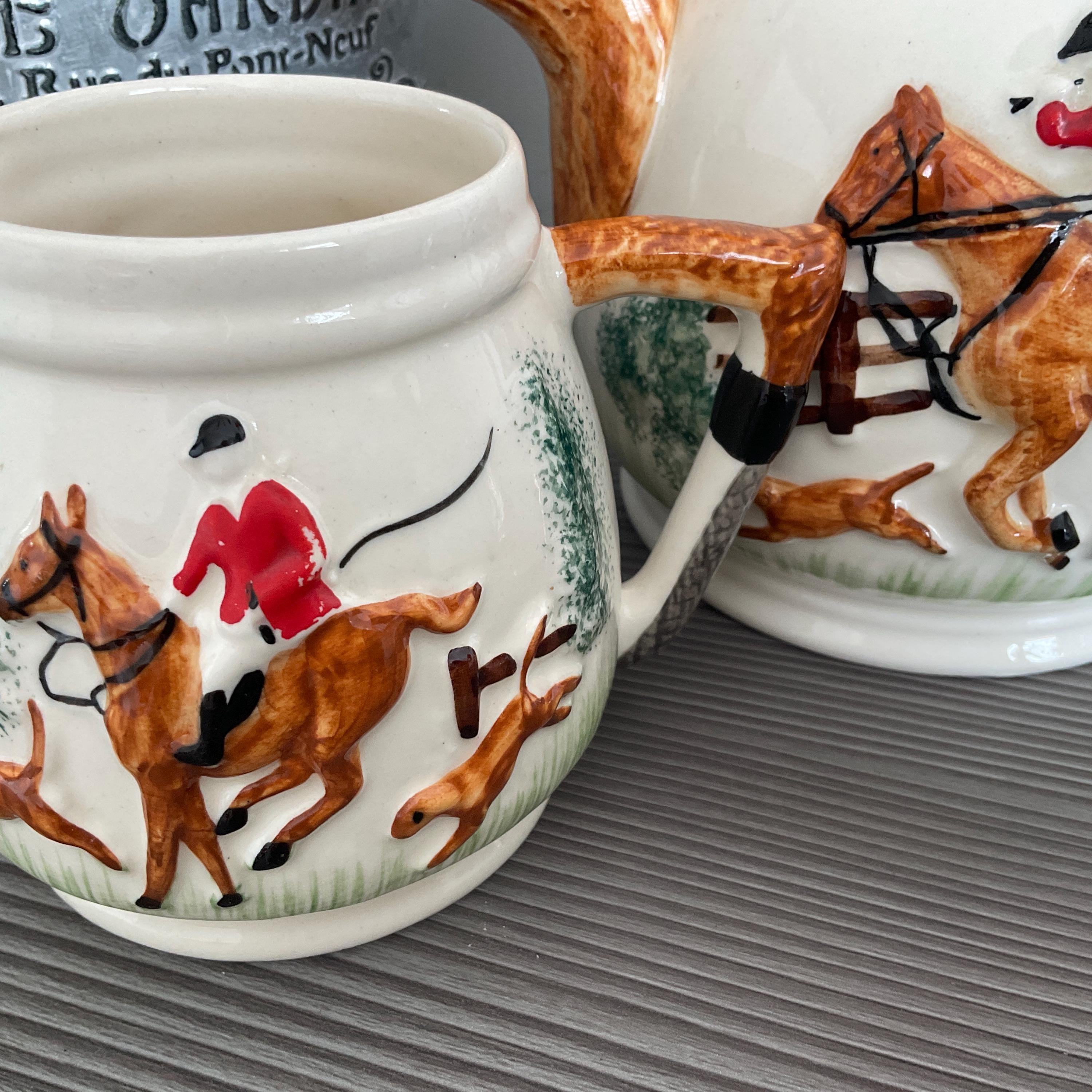 Vintage Portland Pottery Fox Hunting Teapot Set: English Novelty