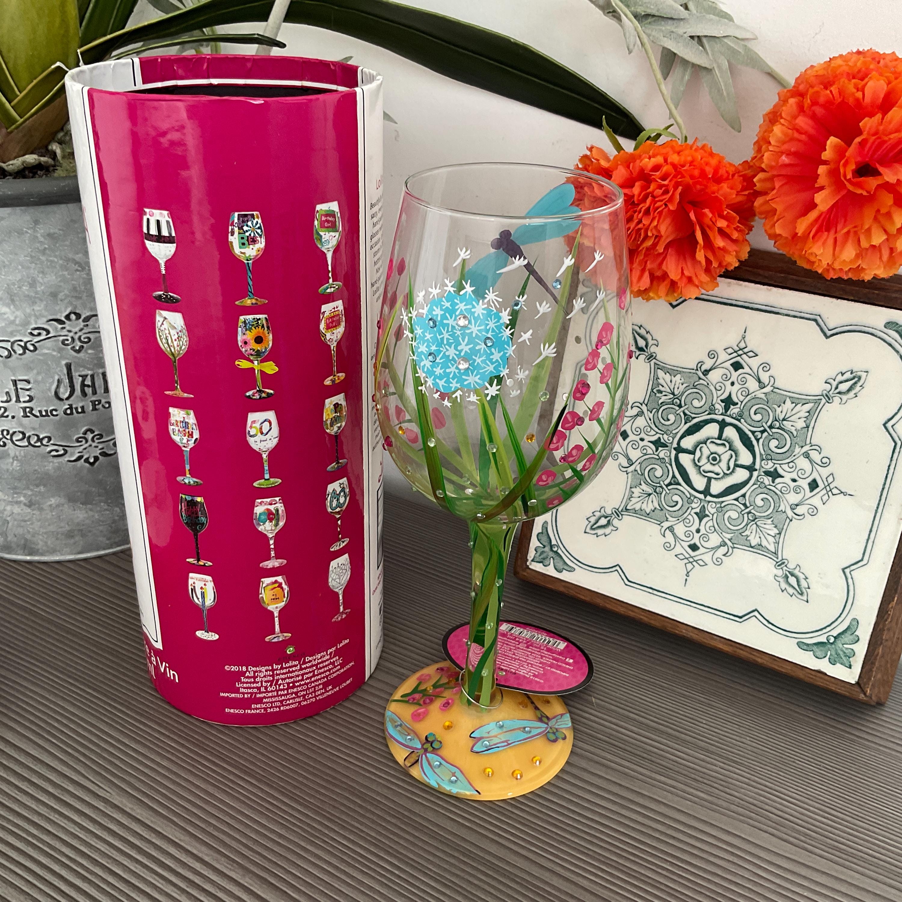 Copa de vino Lolita DRAGONFLY, vidrio soplado artesanal, copa grande de  vino con tallo pintado a mano con receta de cóctel, en caja