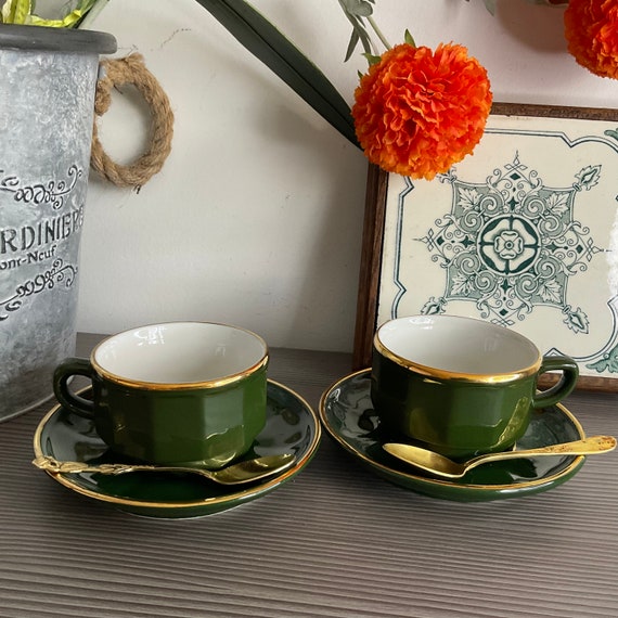 2 X APILCO French Cafe Double Espresso Cups & Saucers Set Green