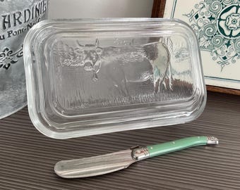 Vintage French Arcoroc Cow Butter Dish and Laguiole Spreader, Pressed Glass Butter Store, Farmhouse Kitchen