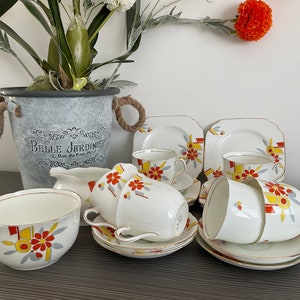 Prachtige Sampson Smith WETLEY handgeschilderde art-decotheeset, 20-delig porseleinen theeservies