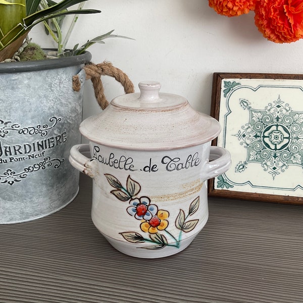Vaso per rifiuti da tavola fatto a mano francese "Poubelle de Table" vintage, vaso con coperchio in terracotta smaltata