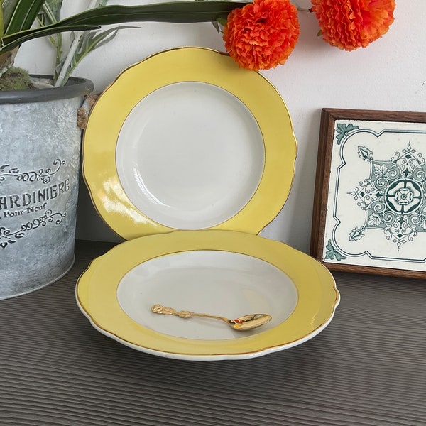 2 x KG LUNEVILLE Assiettes creuses, bols à dessert, motif « Jonquille », bols en porcelaine française jaune jonquille