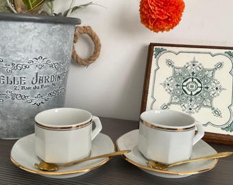 2 x Apilco Espresso Cups and Saucers: French Cafe Style Crockery with Gold Spoons