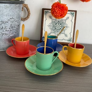 Vintage APILCO Yves Deshoulieres Espresso Cups, Saucers and Spoons, French Harlequin Coffee Set