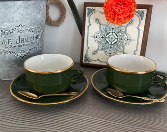 Authentique 2 x Grandes tasses à cappuccino/petit-déjeuner et soucoupes APILCO, articles de bistrot, tasses vintage vert et or de style café français