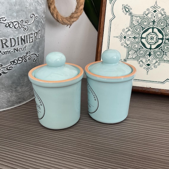 Rare ! 2 X Vintage Duck Egg Blue 'henry Watson' Spice Jars