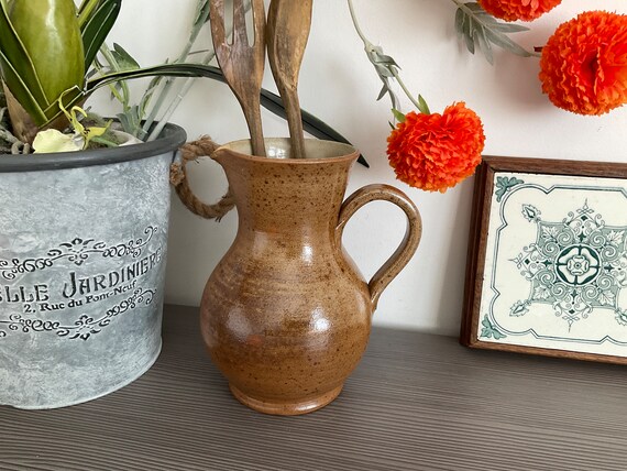 Vintage French Stoneware Pitcher: Speckled Glazed Handmade Jug