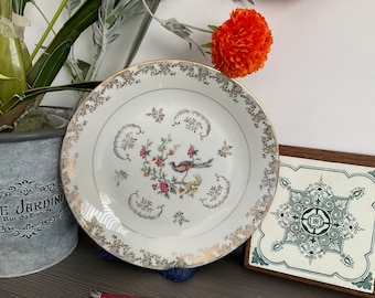Beautiful French Porcelaine De Luxe Hollow Plate, Vintage Bird of Paradise Serving Dish 11” Plate