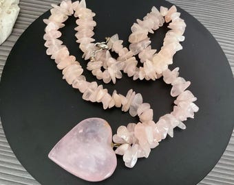 Vintage roze rozenkwarts hartketting, statementketting