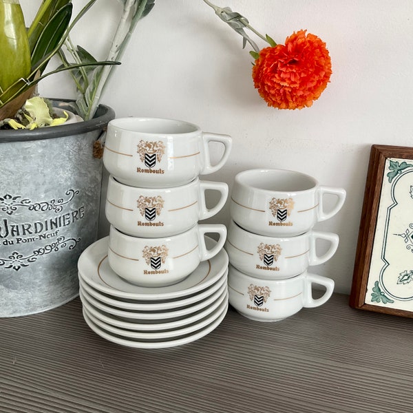 Vintage ROMBOUTS Ceramic Coffee Cups and Saucers, Maastricht Mosa Holland, Advertising Cups