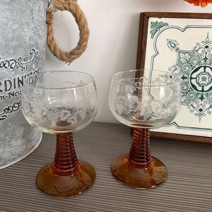 Pair Vintage Amber Ribbed Stem BEEHIVE Glasses, Etched French Wine Glasses, Grapes and vines