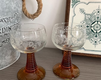 Pair Vintage Amber Ribbed Stem BEEHIVE Glasses, Etched French Wine Glasses, Grapes and vines
