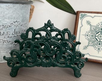 Vintage Green Cast Iron Letter Rack, Ornate Document Holder