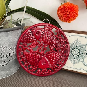 Vintage Cast Iron Trivet, Dark Red Enamel Pot Stand, Fish Design, Farmhouse Kitchen Trivet, Wall Hanging