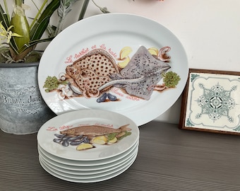 Fabulous French Limoges Fish plates and Serving Platter, Hand Decorated, Unusual