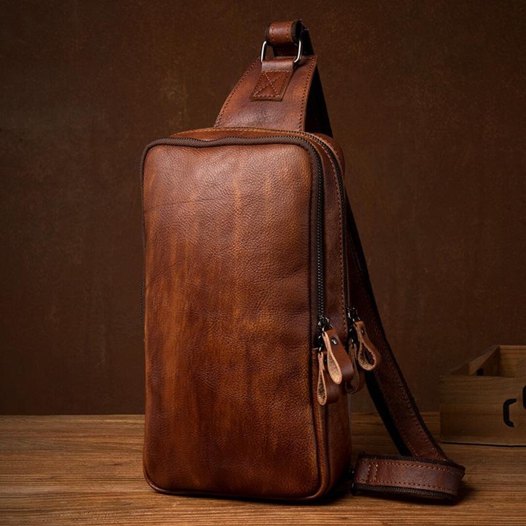 Tan Leather Sling Backpack Shoulder Bag Men. Single Strap 