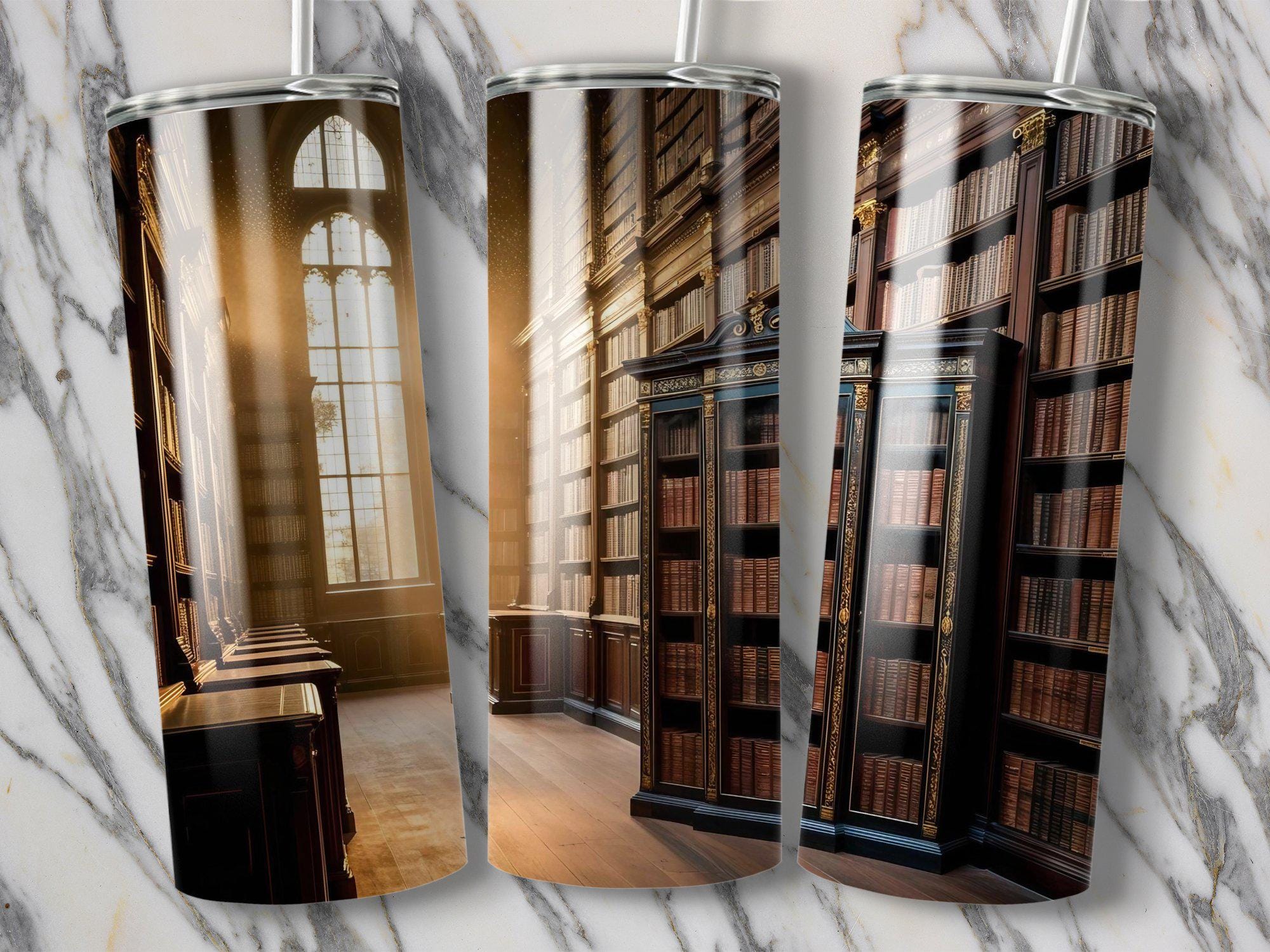 Vintage Library Digital Background, Ancient Bookshelves Tumbler Wrap ...
