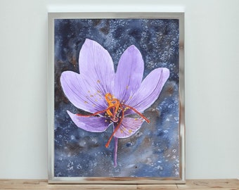 Purple Crocus, Watercolor Crocus Flowers, Kashmir Saffron, Botanical Himalayan Flower, Digital Download, Wall Art, Home Decor