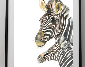 Two Zebra Watercolor - Baby Zebra and Mom Digital Art Print - Wildlife Nursery Instant Download - Baby Shower Gifts and Nursery Wall Decor