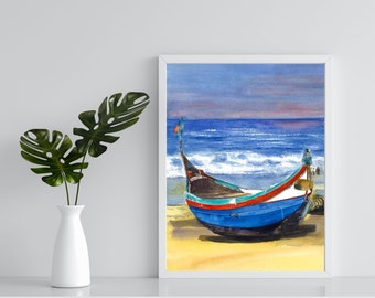 Original Watercolor Blue Boat Painting - Digital Download Printable File for Instant Art