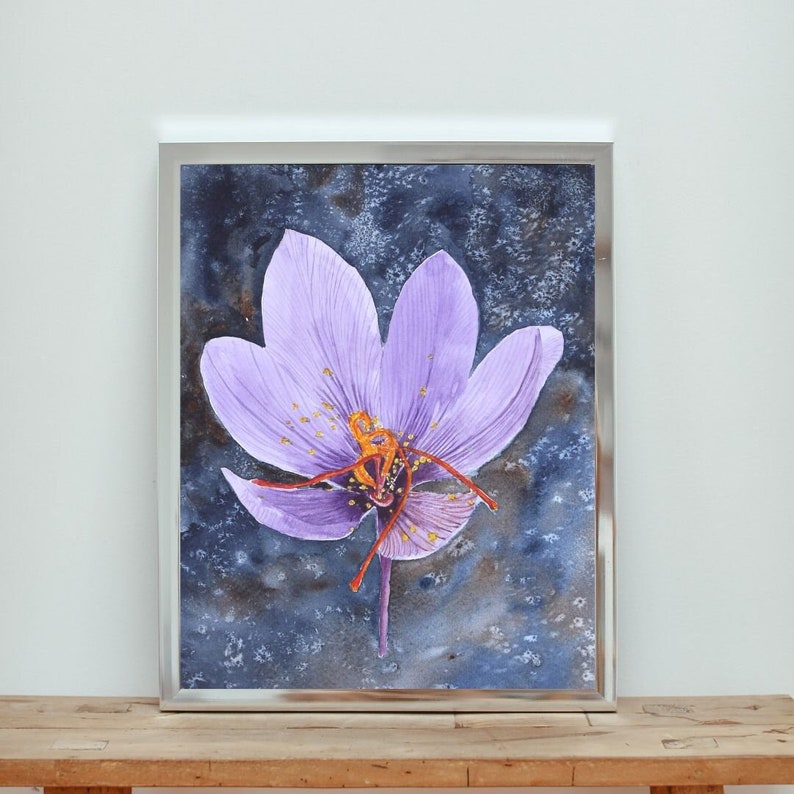 Paarse krokus, aquarel krokus bloemen, Kasjmir saffraan, botanische Himalaya bloem, digitale download, kunst aan de muur, decor van het huis afbeelding 1