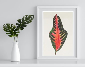 Croton Watercolor Wall Art - Unique Green Leaf Croton -Tropical Leaf Wall Decor - Watercolor Botanical Leaf Painting - Greenery Printable