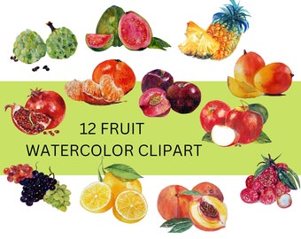 12 Watercolor Fruits Bundle, Watercolor Fruits Clipart, Digital Download, 12 Fruits in watercolor, Fruit Painting, Summer Fruits Fruit