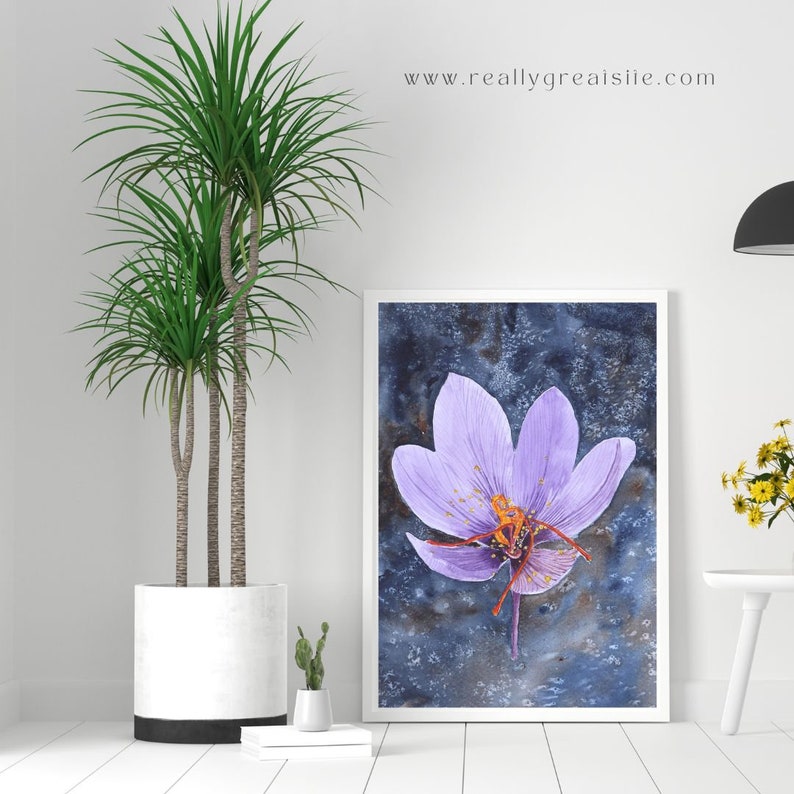 Paarse krokus, aquarel krokus bloemen, Kasjmir saffraan, botanische Himalaya bloem, digitale download, kunst aan de muur, decor van het huis afbeelding 3