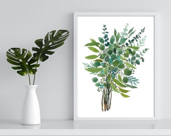 Boho Printable -  Eucalyptus Watercolor - Lush Green Leaves- Digital Art Print - Nature Inspired Home Decor - Wall Art - Watercolor Leaves