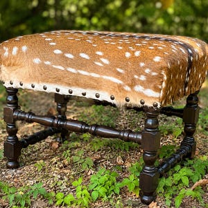 Handcrafted Axis Deer Hide Bench | Luxury Western Bench | Custom Made in Texas | Rustic Modern Furniture