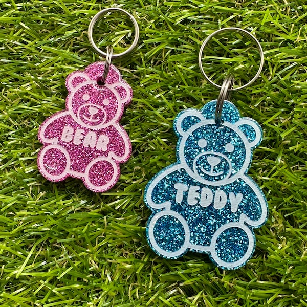 Custom Personalised Glitter Teddy Bear Pet Tag