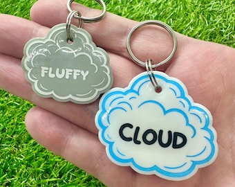 Può includere: Due portachiavi a forma di nuvole. Uno è grigio con la parola "FLUFFY" su di esso. L'altro è bianco con un contorno blu e la parola "CLOUD" su di esso.