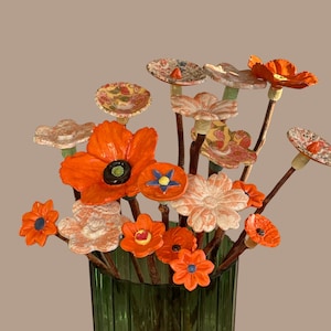 12 Orange Ceramic flowers, Valentines Day Bouquet, mothers day gift, anniversary, wedding bouquet, Memorial, Bridal bouquet, Fairy garden