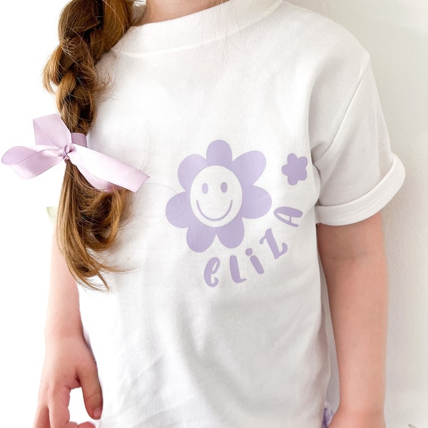 Personalised Retro T Shirt - Toddler Tees | 70s Style Smiley Flower Design  | Cute Girls Summer Tee | Summer Top With Name On