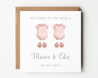 Personalised New Baby Twin Girls Card, Personalised Pink Baby Bodysuits and Booties Card, Welcome to the World Card, Colour Options