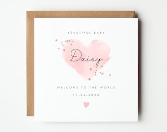 Personalised New Baby Card, Watercolour Heart Baby Card, Welcome to the World Card, Colour Options, Baby Boy, Baby Girl