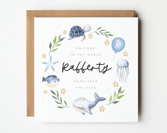 Personalised New Baby Card, Welcome to the World Baby Card, Personalised Under the Sea Baby Card, Baby Turtle Card, Sea Theme Baby Card