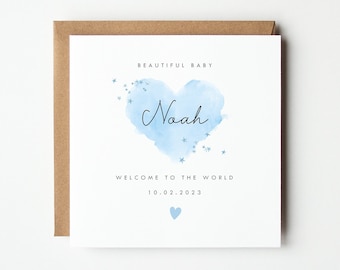 Personalised New Baby Card, Watercolour Heart Baby Card, Welcome to the World Card, Colour Options, Baby Boy, Baby Girl