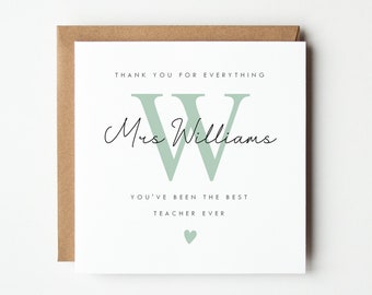 Personalised Teacher End of Term Card, Thank You Teacher Card, Fully Customisable, Monogram Teacher Card, Different Colour Options, Heart