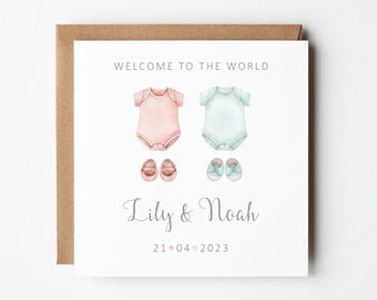 Personalised New Baby Twins Card, Personalised Baby Bodysuit and Booties, Welcome to the World Card, Colour Options