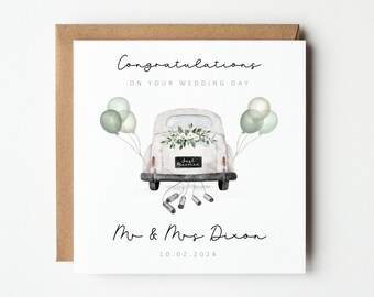 Personalised Wedding Card, Personalised Just Married Wedding Card, Personalised Wedding Car Wedding Card, Cute Car Wedding Card Pink Green