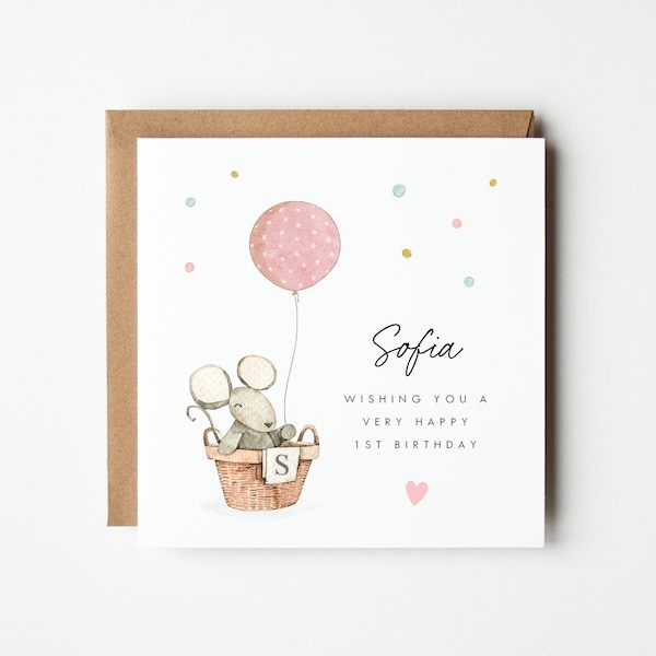 Personalised Girls 1st Birthday Card, First Birthday Card, Personalised Mouse and Balloon Birthday Card, 1st 2nd 3rd 4th 5th Pink