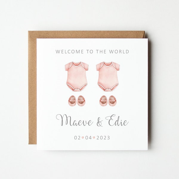 Personalised New Baby Twin Girls Card, Personalised Pink Baby Bodysuits and Booties Card, Welcome to the World Card, Colour Options